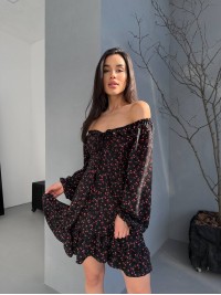 Легка сукня міні на зав'язках у квітку чорного кольору 32539