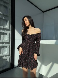 Легка сукня міні на зав'язках у квітку чорного кольору 32539