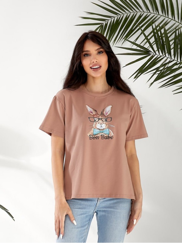 Базова жіноча футболка з малюнком кавового кольору 32544