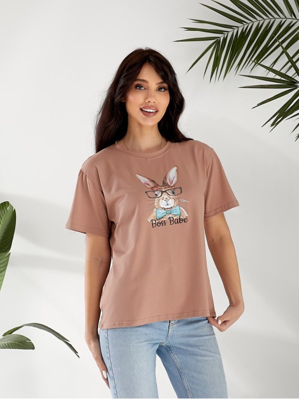 Базова жіноча футболка з малюнком кавового кольору 32544