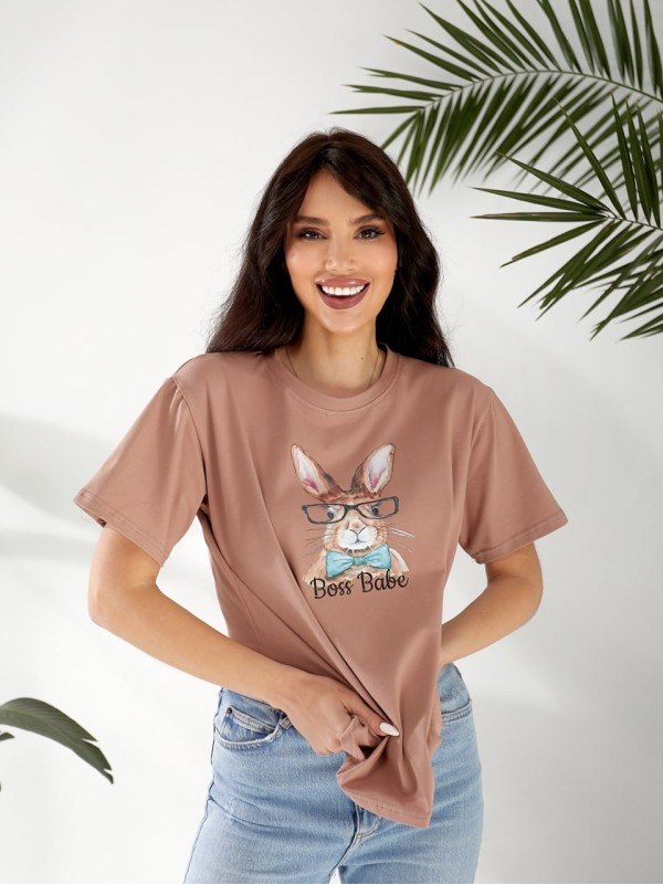 Базова жіноча футболка з малюнком кавового кольору 32544