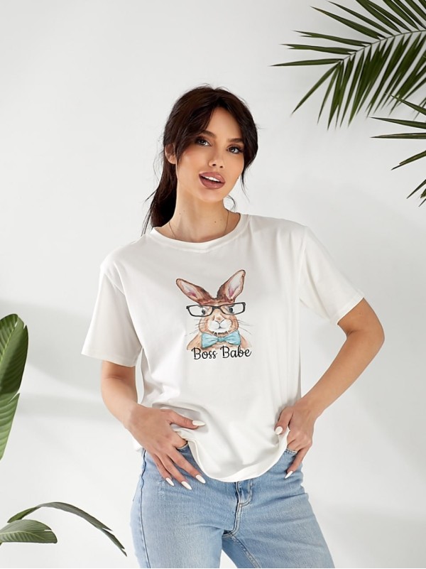 Базова жіноча футболка з малюнком молочного кольору 32547