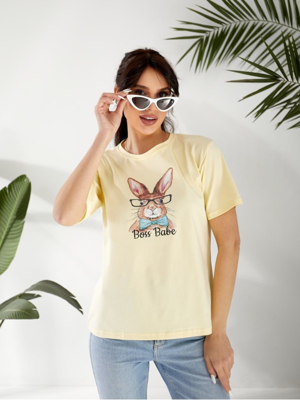 Базова жіноча футболка з малюнком жовтого кольору 32548