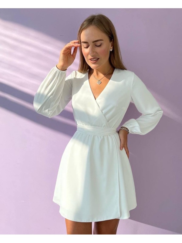 Легка сукня міні з поясом молочного кольору 32572