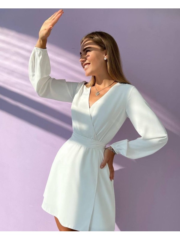 Легка сукня міні з поясом молочного кольору 32572