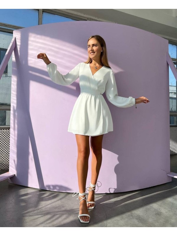 Легка сукня міні з поясом молочного кольору 32572