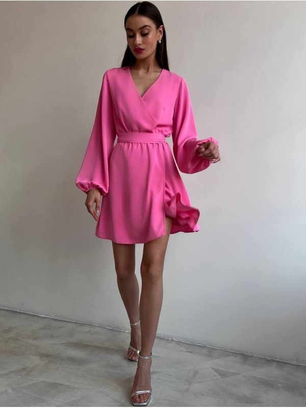 Легка сукня міні з поясом малинового кольору 32573