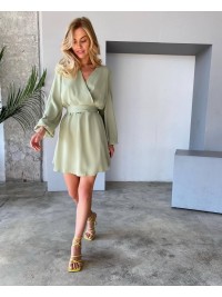 Легка сукня міні з поясом фiсташкового кольору 32575