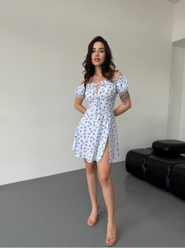 Легка сукня міні з розрізом молочного кольору 32583