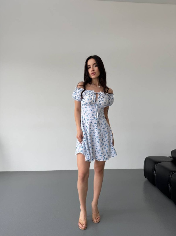 Легка сукня міні з розрізом молочного кольору 32583