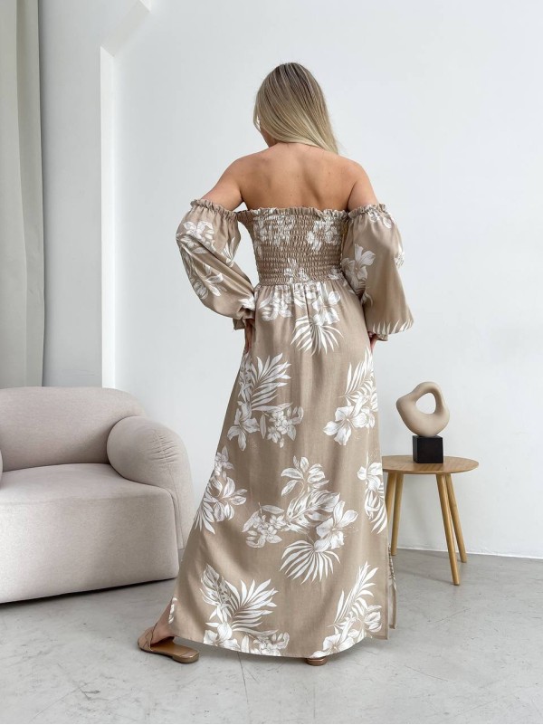 Довга лляна сукня бежевого кольору 32626