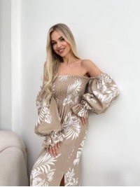 Довга лляна сукня бежевого кольору 32626