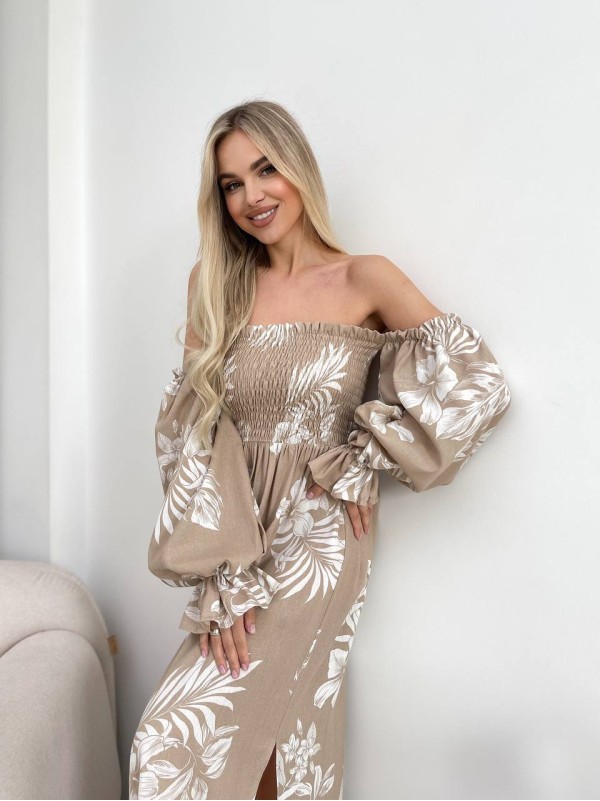 Довга лляна сукня бежевого кольору 32626