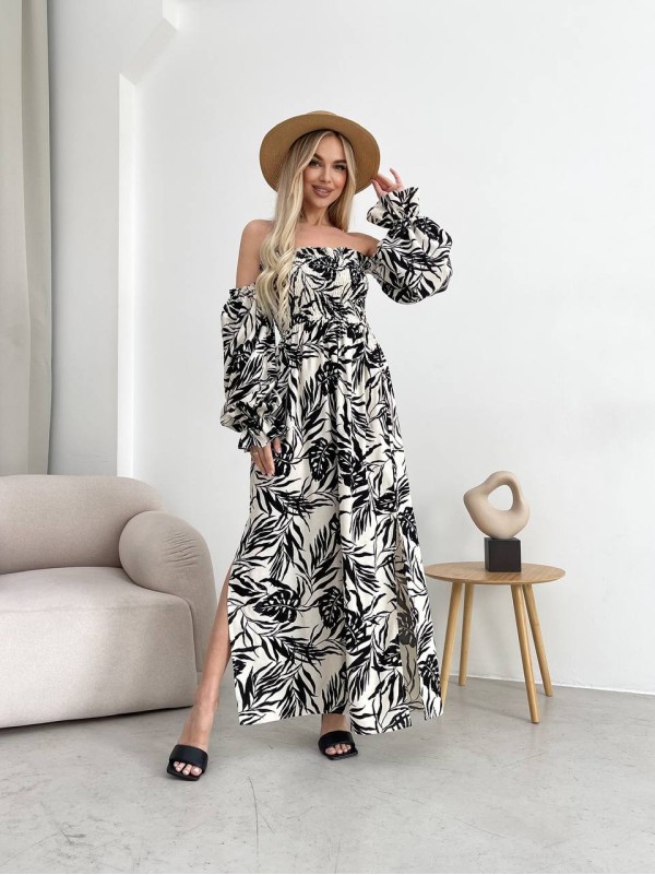 Довга лляна сукня чорного кольору 32627