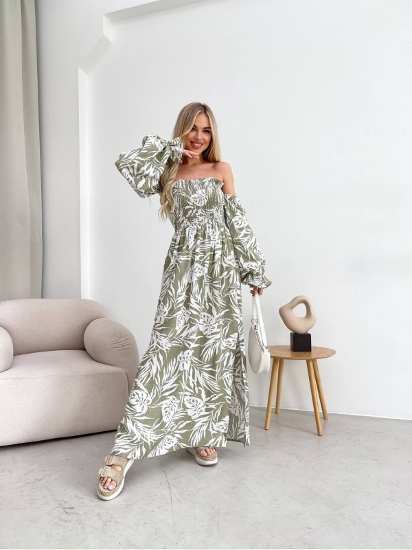 Довга лляна сукня фiсташкового кольору 32628