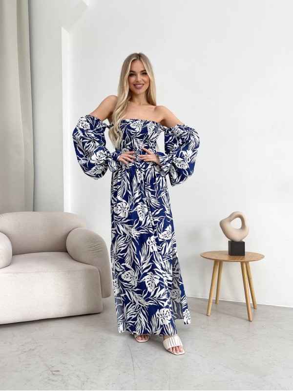 Довга лляна сукня синього кольору 32629