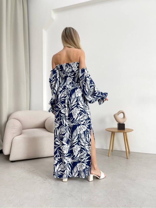 Довга лляна сукня синього кольору 32629