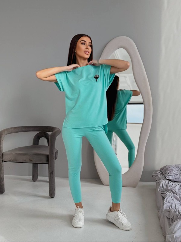 Жіночий повсякденний костюм (футболка+лосини) м'ятного кольору 32637