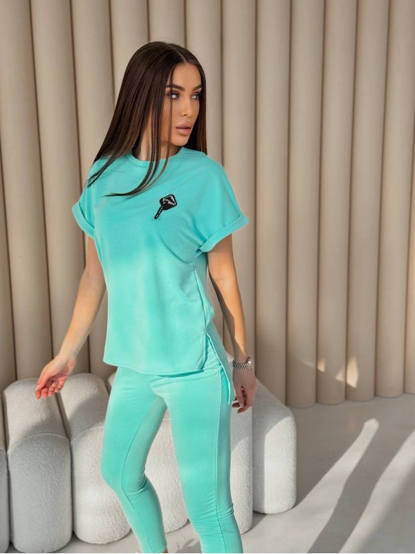 Жіночий повсякденний костюм (футболка+лосини) м'ятного кольору 32637