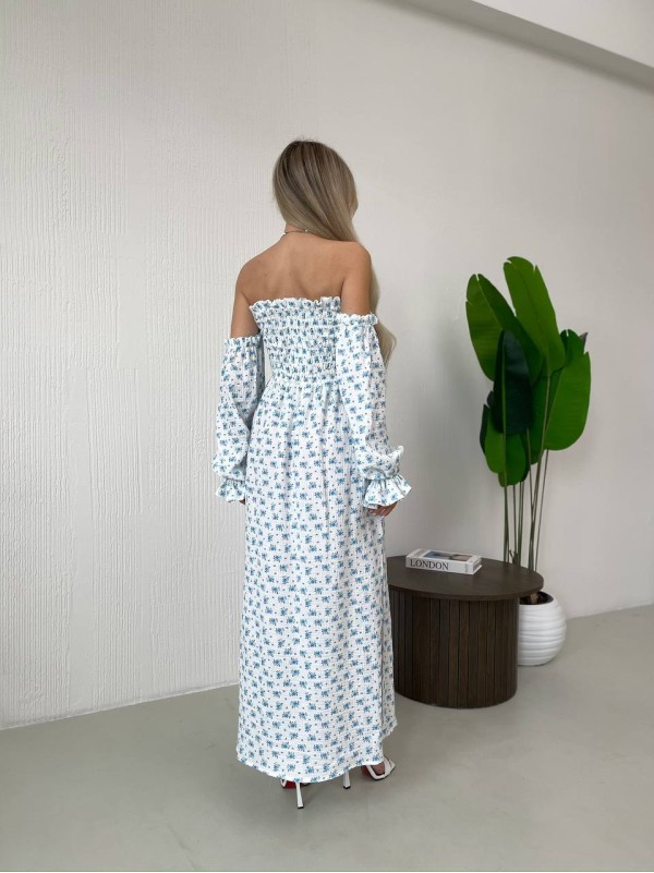 Довга муслінова сукня в блакитну квітку молочного кольору 32692