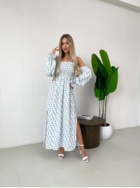 Довга муслінова сукня в блакитну квітку молочного кольору 32692