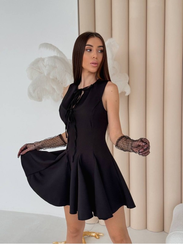 Коктельна сукня клеш із зав'язками на грудях чорного кольору 32738