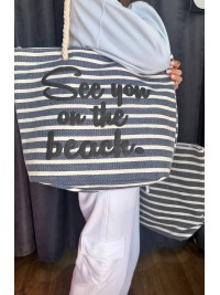 Жіноча пляжна сумка на плече в смужку синього кольору 32744