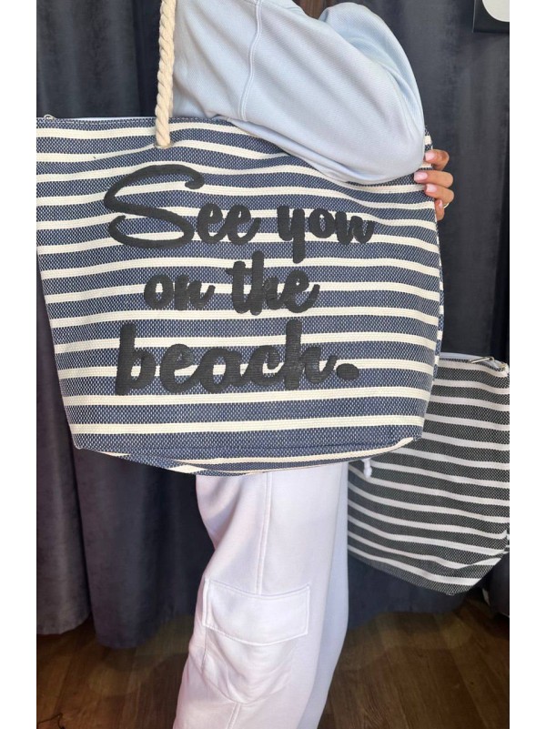 Жіноча пляжна сумка на плече в смужку синього кольору 32744