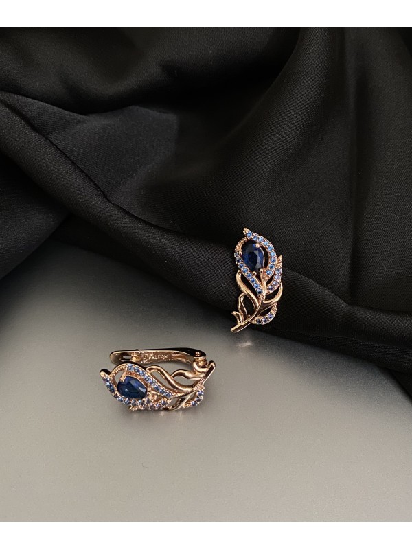 Сережки із синім камінням золотого кольору англійський замок 32780