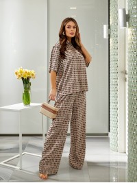 Жіночий шовковий костюм із блузою кавового кольору 32787