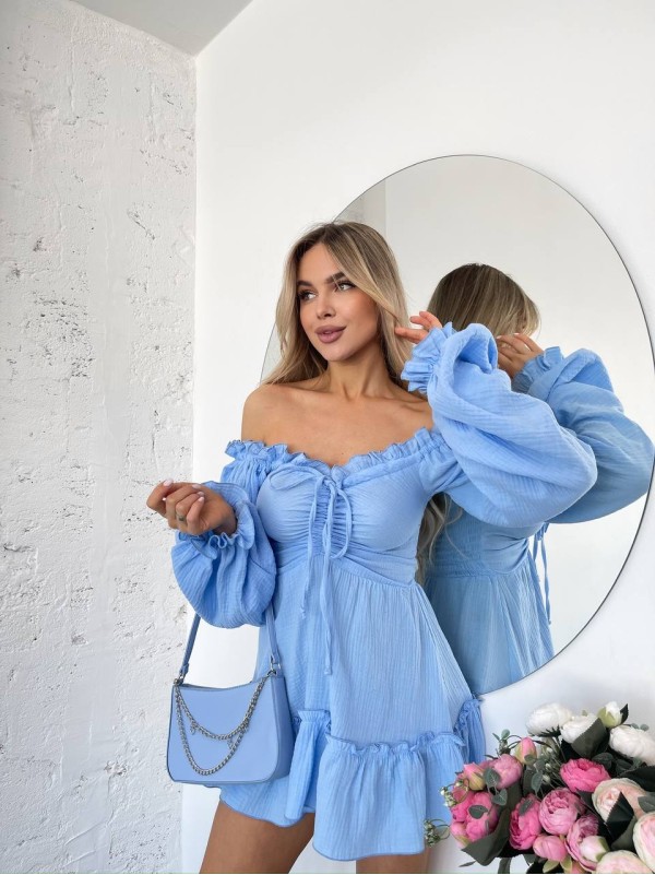 Муслинова сукня міні з рукавом блакитного кольору 32822