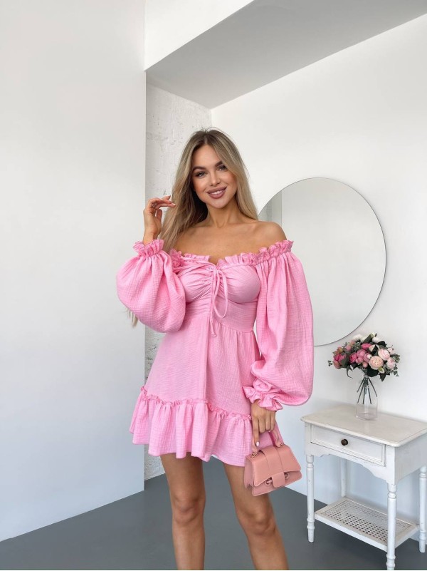 Муслинова сукня міні з рукавом рожевого кольору 32823