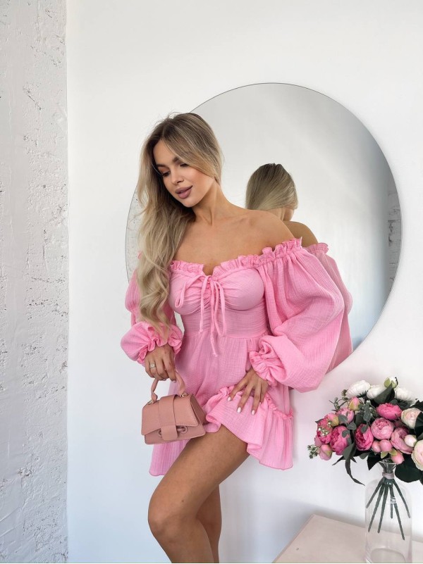 Муслинова сукня міні з рукавом рожевого кольору 32823