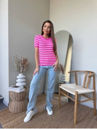 Жіноча футболка в рубчик, у смужку малинового кольору 32844