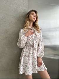 Повітряна сукня міні з бантом молочного кольору 32866