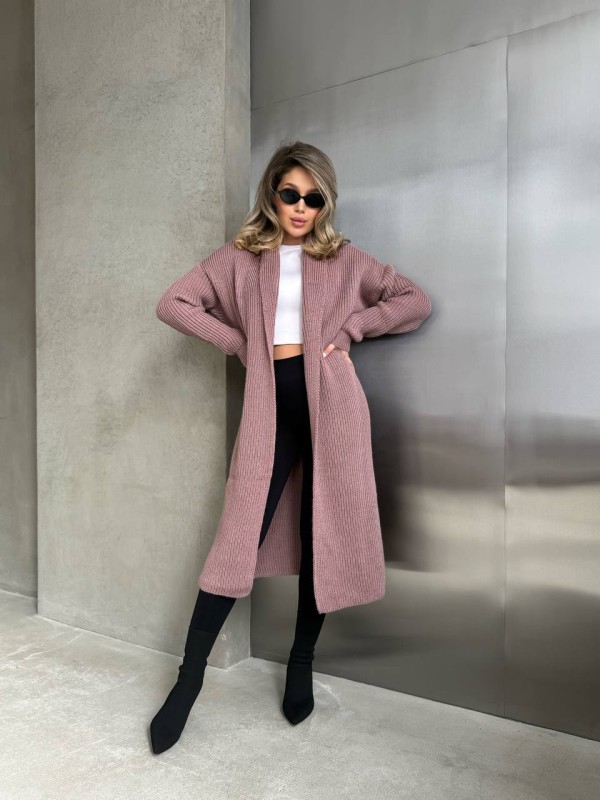 Жіночий довгий кардиган пудрового кольору 32877