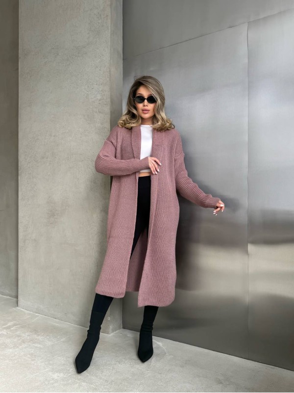 Жіночий довгий кардиган пудрового кольору 32877