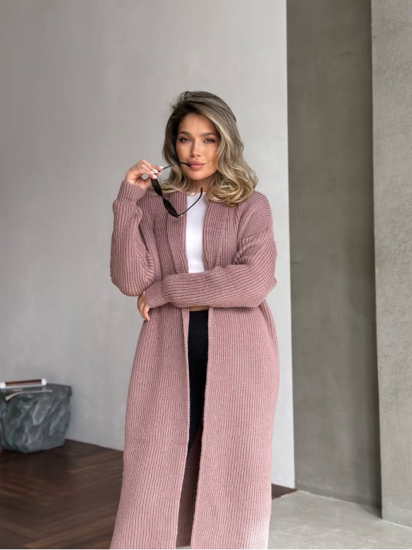 Жіночий довгий кардиган пудрового кольору 32877