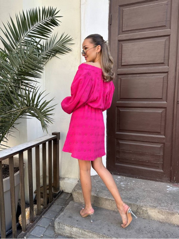 Муслинова сукня міні з рукавом малинового кольору 32902