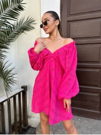 Муслинова сукня міні з рукавом малинового кольору 32902