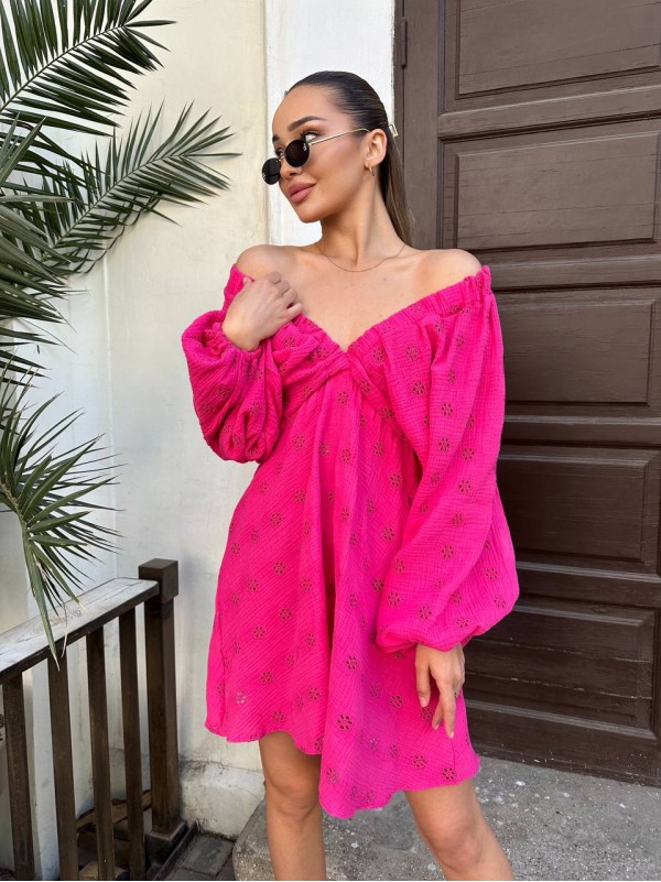 Муслинова сукня міні з рукавом малинового кольору 32902