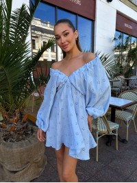 Муслинова сукня міні з рукавом блакитного кольору 32903