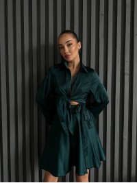 Жіночий шовковий костюм спідниця на запах+сорочка смарагдового кольору 32931