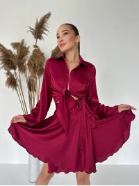 Жіночий шовковий костюм спідниця на запах+сорочка бордового кольору 32932