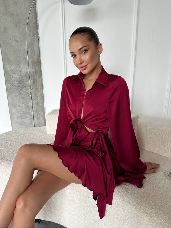 Жіночий шовковий костюм спідниця на запах+сорочка бордового кольору 32932