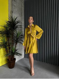 Жіночий шовковий костюм спідниця на запах+сорочка жовтого кольору 32933