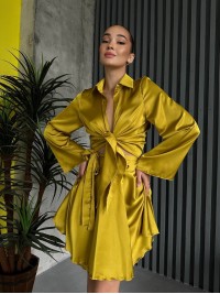 Жіночий шовковий костюм спідниця на запах+сорочка жовтого кольору 32933