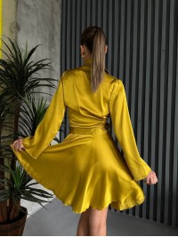 Жіночий шовковий костюм спідниця на запах+сорочка жовтого кольору 32933