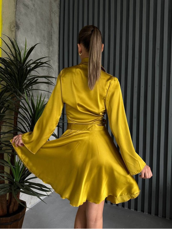 Жіночий шовковий костюм спідниця на запах+сорочка жовтого кольору 32933