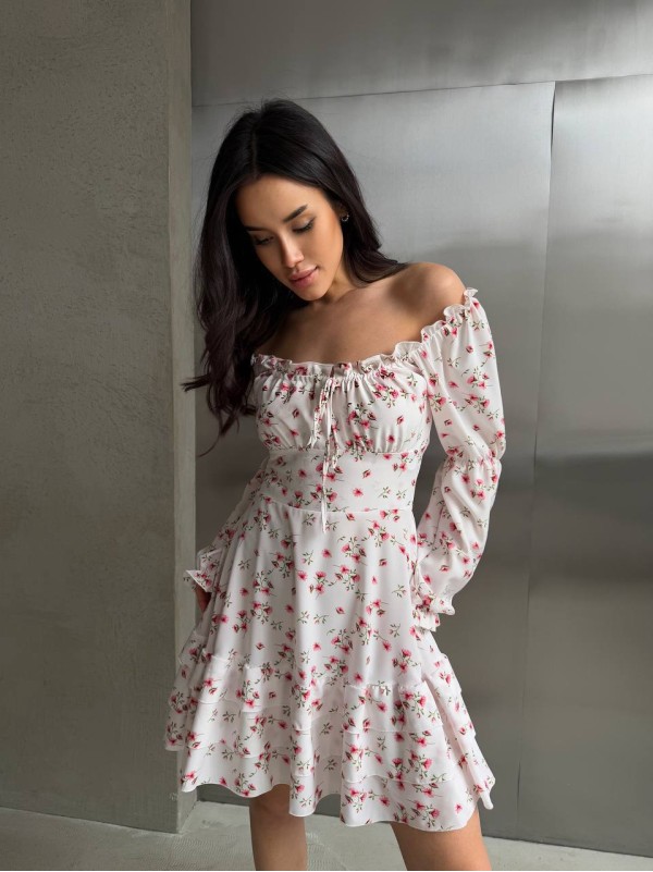 Легка сукня міні з рукавом молочного кольору 32952